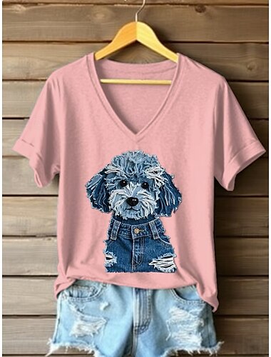 Damen T Shirt Grafik Tiermotiv Hund Vintage Stilvoll Klassisch Kurzarm V Ausschnitt Normale Oberteile Täglich Ausgehen Wochenende Druck Schwarz Weiß Rosa Blau Grün Sommer Frühling