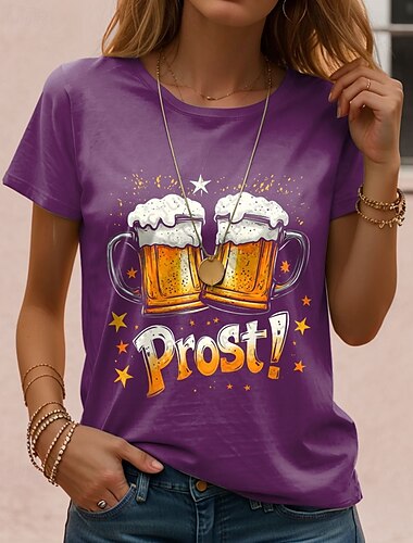  Oktoberfest Damen T Shirt Grafik Buchstabe Vintage Stilvoll Klassisch Kurzarm Rundhalsausschnitt Normale Oberteile Täglich Wochenende Druck Schwarz Blau Purpur Grün Sommer Frühling