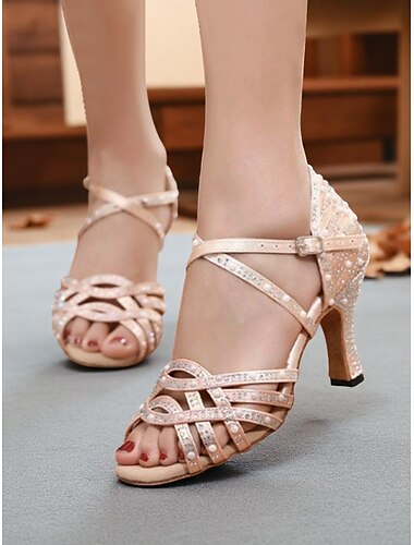  Damen-Latin-Tanzschuhe mit Strasssteinen und Riemchendesign, Satin-Peep-Toe-Ballsaalschuhe für professionelle Auftritte und Partys im Gatsby-Stil