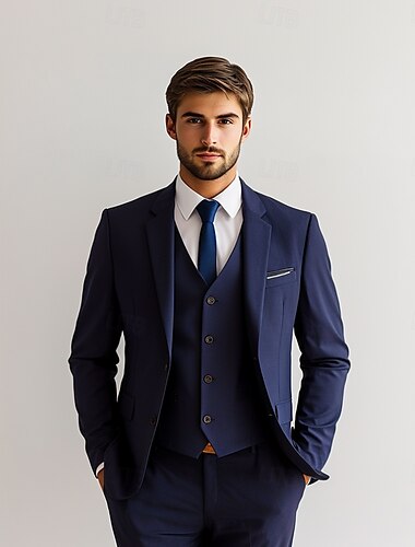  Pour des hommes Mariage Affaires Costumes Noir bleu marine Formel Tenu de travail Couleur Unie Coupe Standard 3 pièces Simple Boutonnage Deux Boutons