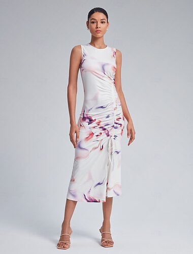  Dames Resortkleding Elegante jurk Halflange jurk Wit Mouwloos Ronde hals Trekkoord Opdrukken Lente zomer Strakke ronde hals Elegant Vakantie leuke Style XS S M