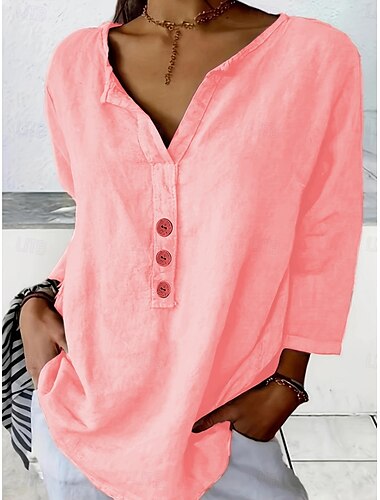  Femme Chemise Chemisier Couleur unie mode Décontractées Manches 3/4 Col Ras du Cou Hauts réguliers du quotidien Boutons Noir Blanche Rose Claire bleu marine Orange Eté Printemps
