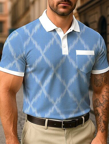  Herren Argyle Polo Kurzarm Polokragen Geschäftlich Alltagstauglich Knöpfe Tasche Sommer Rubinrot Grau Grün