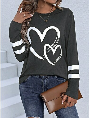  Women's T Shirt Heart Graphic Striped Vintage Stylish Classic Long Sleeve Crew Neck Regular Tops Daily Weekend Print Pink Navy Blue Gray Summer