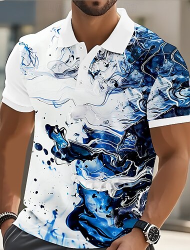  Herren Marmor Polo Kurzarm Polo-Shirts Hemden mit Kragen Lässig Athleisure Knöpfe Sommer Blau Purpur Grün