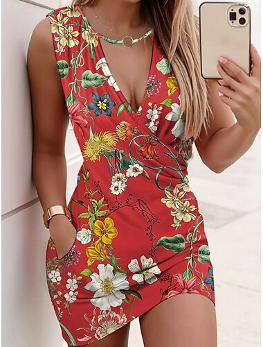  Damen Minikleid Etui-Kleid Wickelkleid Sommerkleid Lässig Täglich Normale Passform Blumen Grafik Ärmellos V Ausschnitt Gelb Rosa Rote Blau Sommer