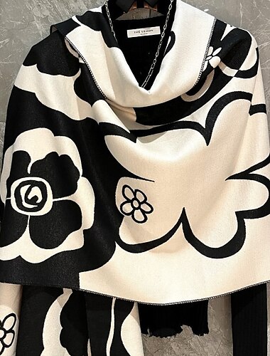  Zachte imitatiebont sjaal voor dames - lichtgewicht warme winterdeken, elegant zwart &witte bloemenprint, veelzijdig modeaccessoire voor buiten &casual kleding, verfijnde textuur