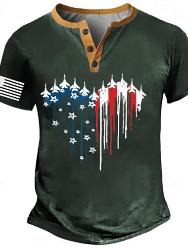  Herren Amerikanische US-Flagge T Shirt Henley Hemd Kurzarm Designer Retro Vintage Lässig Straße Lässig Täglich Sommer Frühling Armee-Grün Schwarz Marineblau Henley Henley T-Shirt