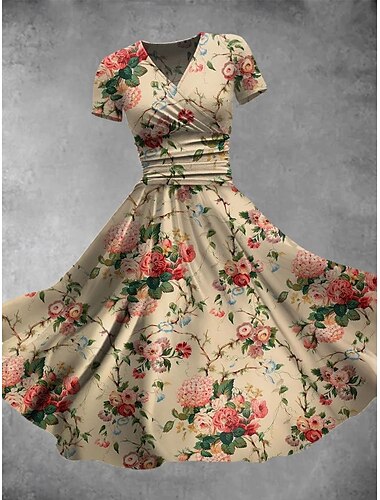  Damen Midikleid Shiftkleid Sommerkleid Urlaub Lässig Täglich Normale Passform Blumen Grafik Kurzarm V Ausschnitt Gelb Rosa Blau Beige Sommer Frühling