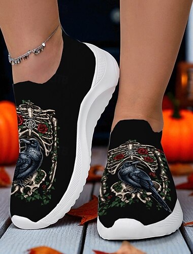  Gothic-Schuhe mit Raben-Skelett-Print für Damen – weiße Flyknit-Halloween-Slipper für Horrorfans, Cosplay und Herbstkostümpartys Sarah Richter