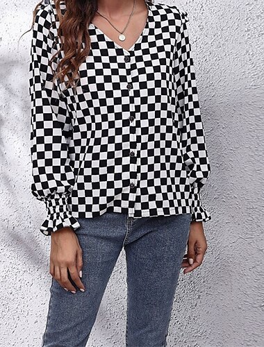  Damen Sommeroberteile Chiffon Tops Karomuster Täglich Stilvoll Basic Langarm V Ausschnitt Normale Oberteile Arbeit Täglich Ferien Druck Schwarz und Weiß Schwarz Rote Frühling Herbst
