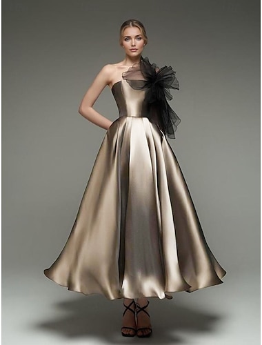  A-Line Cocktail Dresses Elegant Gown Formal Wedding Tea Length Midi Length Sleeveless Strapless Organza Shouder Flower and Pockets