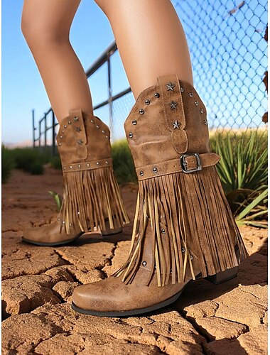  Damen-Western-Cowboystiefel mit Fransen – hellbraune, mit Sternen besetzte Stiefel aus Wildlederimitat bis zur Wadenmitte mit Schnalle für Rodeo, Country-Konzerte oder Herbstfestivals