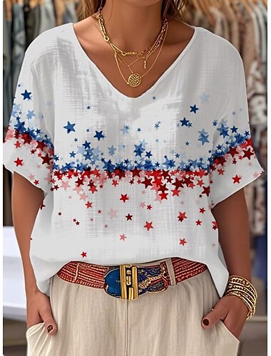  Unabhängigkeitstag Frauen Patriots vierten Juli Sommer Tops Floral Grafik Flagge Vintage Stilvoll Klassisch Kurzarm V-Ausschnitt Reguläre Tops Täglicher Druck Weiß Himmelblau Beige Hellblau Sommer