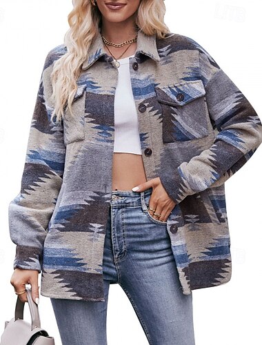  Damen Hemdjacke Freizeitjacke Warm Bequem Tasche Knöpfe Mode Outdoor Druck Ausgehen Wochenende Einreihig Regulär Umlegekragen Normale Passform Langarm Oberbekleidung Rosa Blau Khaki Herbst Winter
