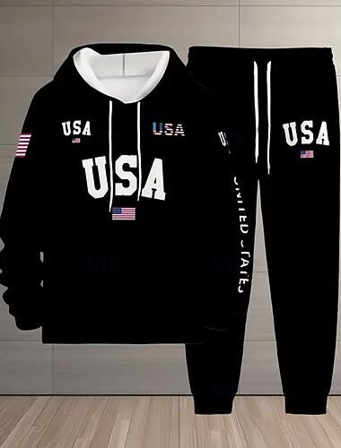  Amerikai függetlenség napja Férfi Amerikai zászló 2db 3D pulóver készletek Tracksuit Kapucnis pulóver Hosszú ujj Hosszú nadrág Kapucni Sportos Alkalmi Napi Sportruházat 3D nyomtatás Tavasz Ősz Tél
