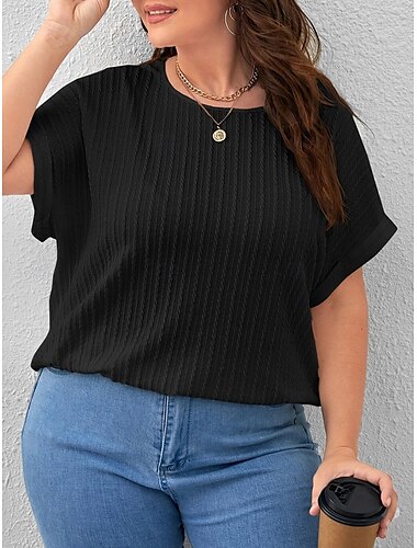  Damen Übergröße Oberteile T Shirt Einfarbig Kurzarm V Ausschnitt Lässig Täglich Polyester Sommer Frühling Schwarz Weiß