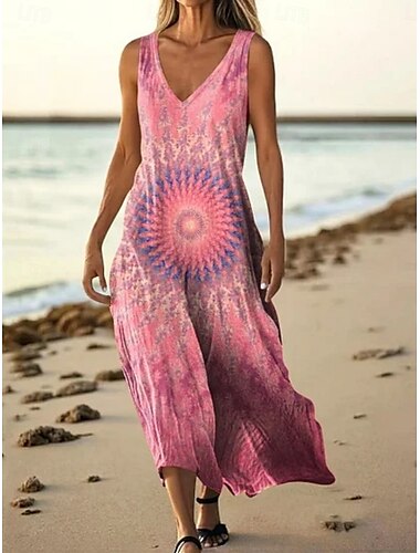  Dames Lange jurk maxi-jurk Casual jurk Tank-jurk Zomerjurk Vintage Dagelijks Feestdagen Strand Normale pasvorm Bloemig Mouwloos V-hals Licht Roze aquablauw Zwart Blozend Roze Zomer