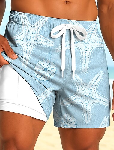  Herren Seestern Meeresbewohner Gefütterte Shorts 2 in 1 Badeshorts Badeshorts Mittlere Taille Hawaiianisch Ferien Seitentaschen Mit Kompressionsfutter Elastischer Kordelzug in der Taille Designer