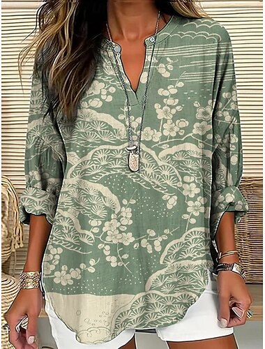  Mulheres Camisa Social Floral à moda Moderno Manga Longa Decote V Tops regulares Diário Feriado Botões Imprimir Vermelho Verde Verão