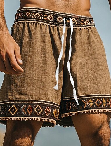  Homme Shorts Shorts en Lin Shorts d'été Shorts de plage Cordon de serrage Taille Élastique Géométrique Uni Confort Respirant Longueur Genou Extérieur Quotidien Fête Vacances Style Ethnique Marron