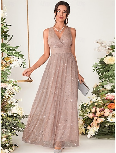  A-Linie Brautjungfernkleid V Ausschnitt Ärmellos Elegant Bodenlang Chiffon mit Paillette 2022