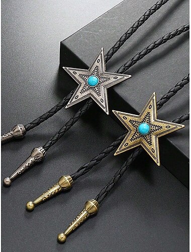  Bolotie im Western-Stern-Design für Herren mit türkisfarbener Mitte, Metall in Antikbronze oder Silber, verstellbare geflochtene Lederkordel, Vintage-Cowboy-Rodeo-Krawatte für Country-Konzerte, Hochzeiten und den Alltag
