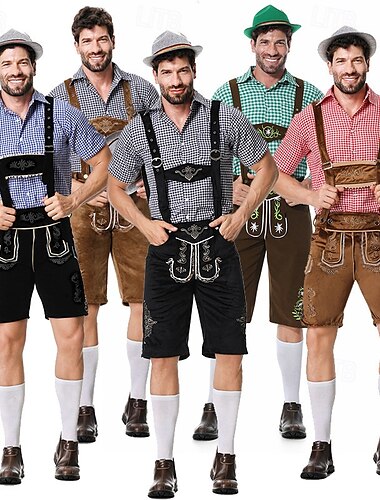  Carnaval Oktoberfest Costume Lederhosen Chemise Chapeau alpin Bavarois Allemand Alpin Prairies Homme Soirée Fête de la Bière Tissu de style traditionnel
