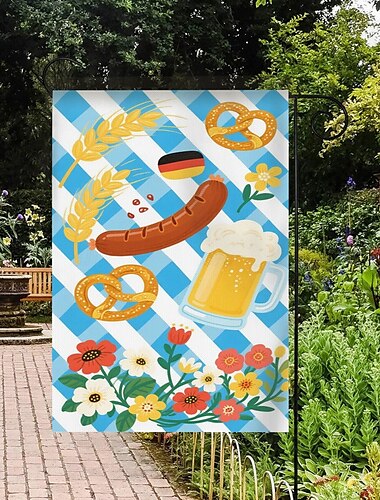  Oktoberfest haveflag tysk bayersk 12 x 18 tommer gård flag små haveflag til udendørs udendørs flag øl design hvid blå ternet ferie haveflag