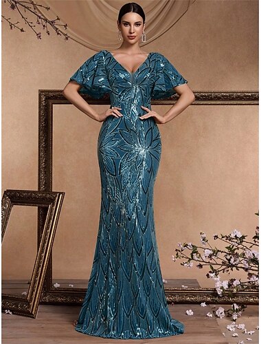  Abiti per Quinceanera a sirena  tromba Abito Elegante da matrimonio Lunghezza fino al pavimento Maniche corte Collo a V Poliestere Schiena a V con paillettes