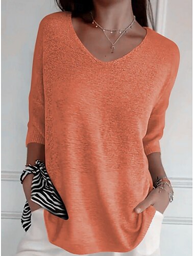  Damen Bluse Einfarbig Basic Lässig Dreiviertelarm V Ausschnitt Normale Oberteile Täglich Schwarz Gelb Rote Grün Aprikose Herbst Winter