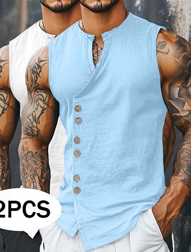  Pánské Košile Lněná košile Letní košile Plážová košile Vintage košile Košile bez rukávů Bez vzoru Denní Streetwear Bílá + khaki Khaki + černá Modrá + khaki bílá + černá Bez rukávů Stojáčkový límec
