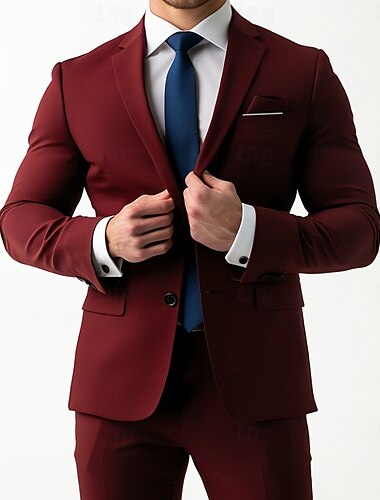  Pour des hommes Affaires Costumes Rouge Bordeaux bleu marine Formel Tenu de travail Couleur Unie Coupe Standard 2 pièces Simple Boutonnage Deux Boutons