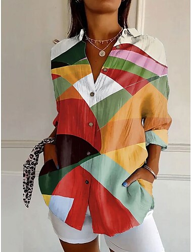  Damen Hemd Ombre Gestreift Marmor Täglich Stilvoll Lässig Langarm Hemdkragen Normale Oberteile Täglich Ferien Knöpfe Druck Schwarz Gelb Rote Blau Sommer Frühling