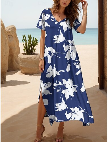  Damen Maxikleid Freizeitkleid Sommerkleid A Linie Kleid Urlaub Lässig Strand Normale Passform Blumen Grafik Kurzarm V Ausschnitt Schwarz Weiß Rote Blau Sommer Frühling