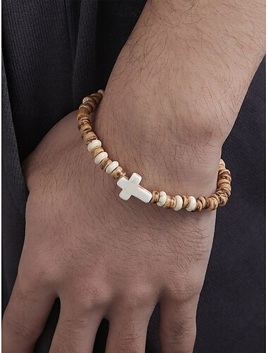  سوار رجالي من الخشب الطبيعي مرصع بالخرز مع صليب فيروزي - سوار معصم مطاطي بوهيمي مصنوع يدويًا للارتداء غير الرسمي والملابس الصيفية وأجواء الشاطئ