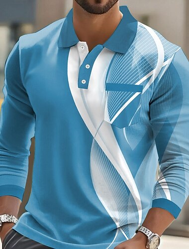  Herren Geometrisch Linie Polo Langarm Polo-Shirts Hemden mit Kragen Business-Casual Geschäft Athleisure Alltagskleidung Knöpfe Tasche 3D-Druck Frühling Herbst Winter Schwarz Blau Himmelblau