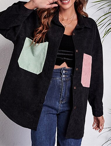  Damen Hemd Farbblock Täglich Stilvoll Basic Langarm Hemdkragen Normale Oberteile Arbeit Täglich Ferien Patchwork Tasche Knöpfe Schwarz Frühling Herbst