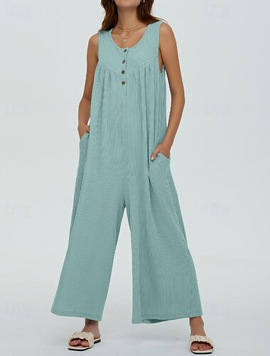  Női Szabályos Jumpsuitek Utcai sikk Tömör szín Ujjatlan U-alakú Gombok Zseb Utca Napi Normál Fekete Sötétkék Medence Nyár