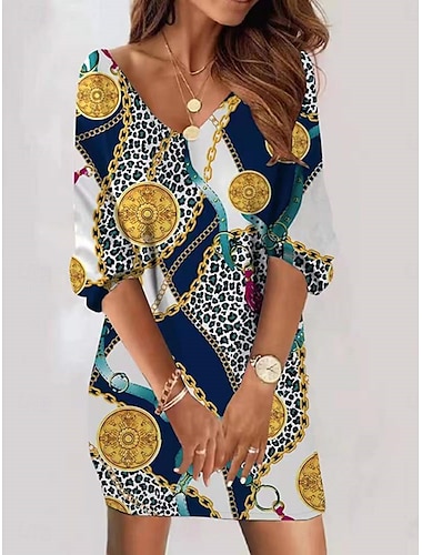  Damen Minikleid A Linie Kleid Lässig Täglich Normale Passform Geometrisch Abstrakt Langarm V Ausschnitt Blau Purpur Braun Grün Sommer