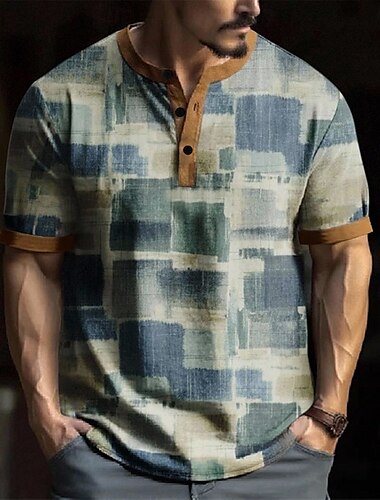  Hombre Geométrico Camiseta Henley Shirt Manga Corta Design Retro Antiguo Casual Calle Casual Diario Verano Primavera Azul Claro Henley Camiseta Henley