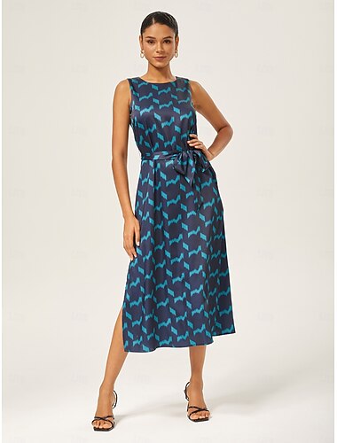  Damen Weiblich Freizeitkleid Blau Ärmellos Geometrisch Sommer Ganzjahresmode Rundhals Urlaub Zeitgenössisch S M L