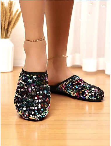  Schwarze Damen-Pantoletten mit Pailletten und buntem Glitzerdetail – funkelnde flache Slipper für Partys und besondere Anlässe im Nachtleben
