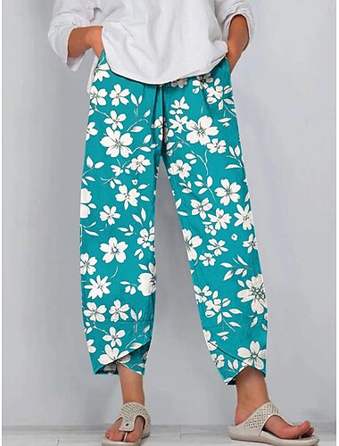  Women's Chinos Baggy Pants Casual Ankle-Length High Waist Floral Graphic Drawstring Patchwork Printing Breathable Micro-elastic Casual Daily Black Red Blue Purple Summer Spring Loose Fit