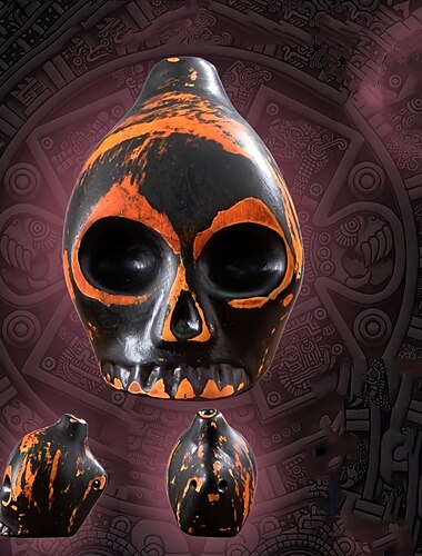  handgemachte aztekische Todespfeife - Keramik-Blasinstrument-Replik in Totenkopfform, antikgelb mit schwarz &orange Akzente - batterielose Heimverteidigung &Wildtierabschreckung, einzigartiges