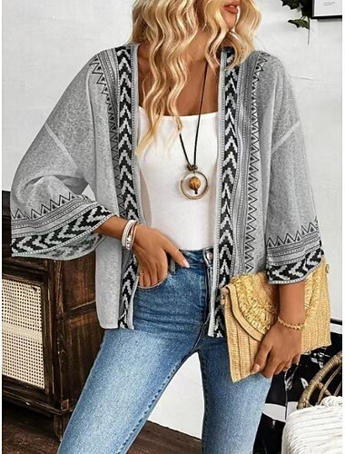  Dames Vrijetijdsjas Ademend Comfortabel Lapwerk Casual Effen Vakantie Straat Casual Alledaagse kleding Open voorzijde Normaal Zonder Kraag Normale pasvorm 3/4 mouw bovenkleding Khaki Grijs Zomer Lente
