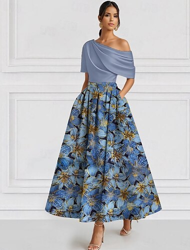  Jacquard-Brokat-Blumen-A-Linien-Ballkleider, elegantes Kleid für formelle Hochzeitsgäste, knöchellang, kurze Ärmel, eine Schultertasche, Nylon mit Tasche 2025