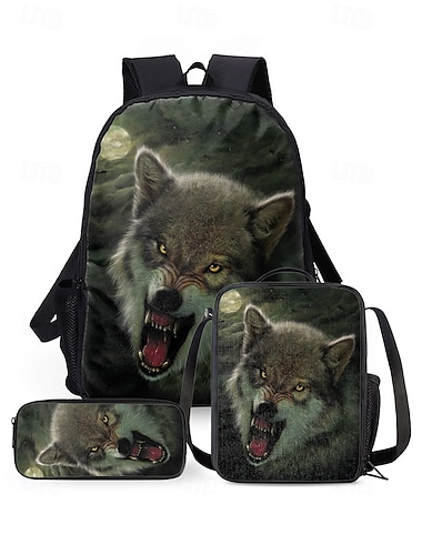  3-teiliges Rucksackset mit Wolfsdesign für Herren – robust, trendig für Schule, Reisen und Freizeit – mit Wildtiermotiven, verstellbaren Trägern und mehreren Fächern. Vincent Hie