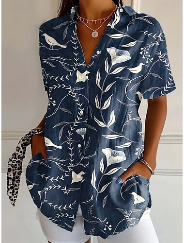  Femmes Chemise Fleuri Graphique ancien Tropical Quotidien Sans manches Manche Courte Col de chemise Hauts Réguliers Quotidien bleu marine Bleu clair Été Printemps