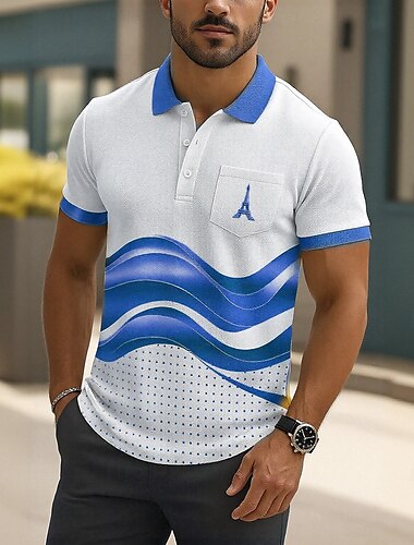  Herren Eiffelturm Linie Polo Kurzarm Polo-Shirts Hemden mit Kragen Business-Casual Outdoor Athleisure Alltagskleidung Knöpfe Tasche 3D-Druck Sommer Blau Gold